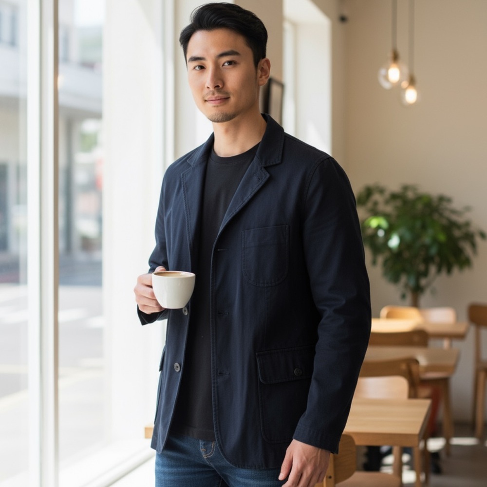 REISS Men’s Navy Blue Button Down Cotton Utility Jacket Coat